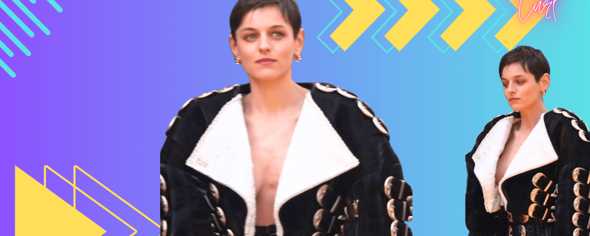 "Emma Corrin wearing a black leather bolero biker jacket with oversized shoulder straps, silver buckles, and contrasting white reverbs, paired with a waist-high belt/bustier, oversized black pants, pointed shoes, and Cartier jewelry at the 'Deadpool & Wolverine' premiere in London on July 11, 2024."