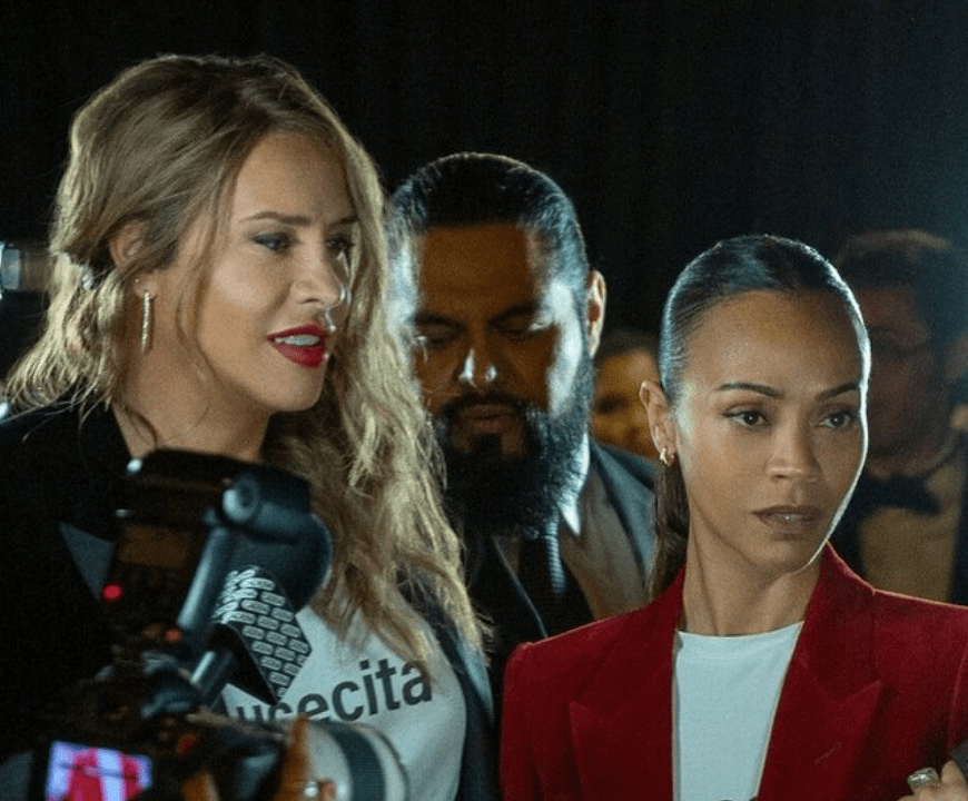 This image showcases the leading cast of Emilia Pérez, a groundbreaking yet controversial gangster-musical directed by Jacques Audiard. The film stars Karla Sofía Gascón, Zoe Saldaña, and Selena Gomez, whose performances have sparked debate about representation, cultural authenticity, and inclusivity in cinema.