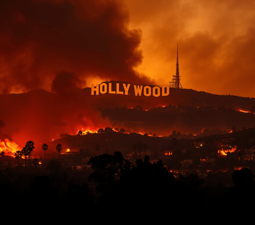 1. Alt Text for Mass Evacuations and Damage: “A smoky landscape showing burning hills in Los Angeles, with residential neighborhoods and commercial areas affected by wildfires.”