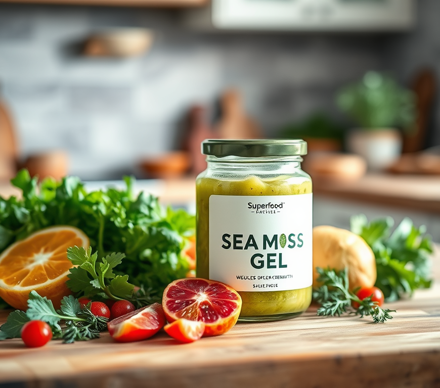 Close-up of a jar of sea moss gel with a spoon, showcasing its smooth, gel-like texture. The sea moss gel is surrounded by dried sea moss and fresh ingredients like fruits and herbs, emphasizing its natural and nutrient-packed properties.”