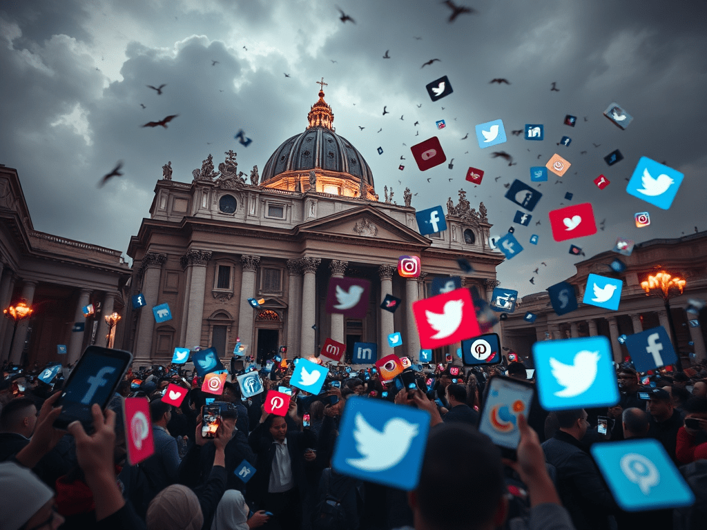 A digitally manipulated image representing the intersection of religion and social media. The Pope’s funeral at St. Peter’s Basilica is surrounded by floating social media icons, memes, and comment bubbles. Screens show livestreams, trending hashtags, and viral edits, blending sacred tradition with internet culture. In the background, figures representing Church factions—progressive and conservative—stand in tension, while AI-generated bots spread misinformation online.