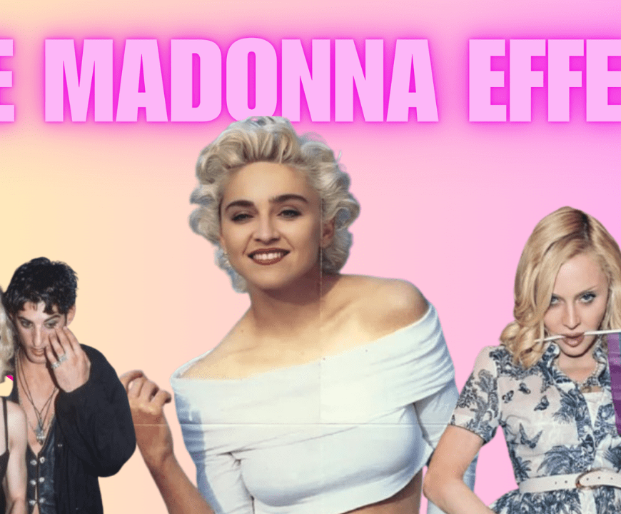 Madonna side-by-side images from the 1980s and today, with bold text reading ‘She Changed Everything.