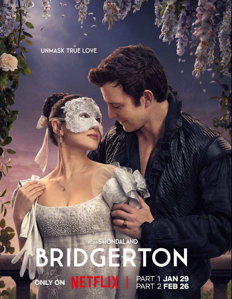 Masked guests at a masquerade ball where Benedict Bridgerton meets Sophie Baek in Season 4.