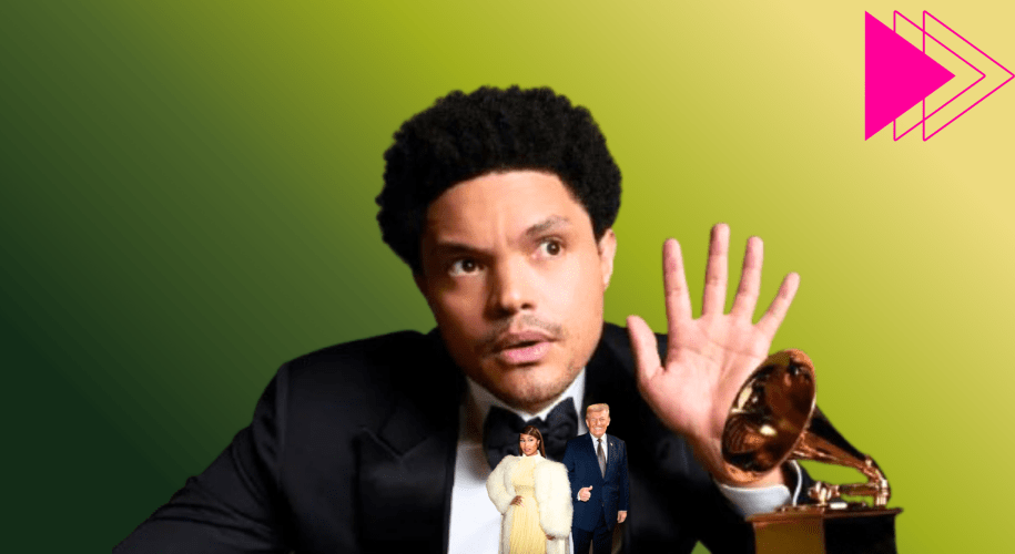 Trevor Noah delivering a provocative opening monologue at the GRAMMYs, blending political satire, pop culture references, and commentary involving Donald Trump.