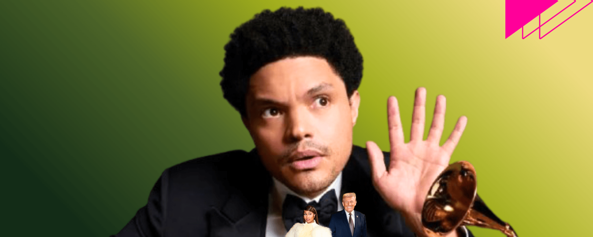 Trevor Noah delivering a provocative opening monologue at the GRAMMYs, blending political satire, pop culture references, and commentary involving Donald Trump.