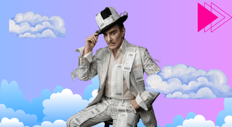 A conceptual fashion visual representing Zara’s collaboration with John Galliano, blending archival garments with avant-garde styling to symbolize the fusion of fast fashion and high-concept design.