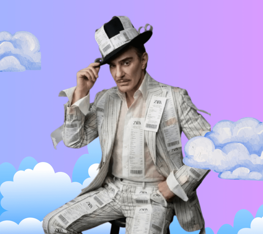 A conceptual fashion visual representing Zara’s collaboration with John Galliano, blending archival garments with avant-garde styling to symbolize the fusion of fast fashion and high-concept design.