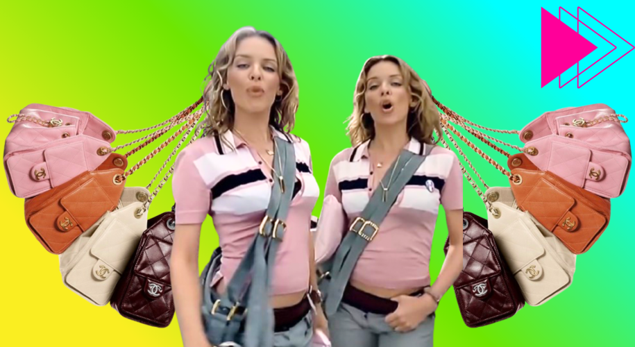 Margot Robbie appears in multiple looping versions of herself within a Chanel campaign, each iteration styled differently while carrying variations of the Chanel 25 handbag, referencing the visual repetition of Kylie Minogue’s “Come Into My World.”