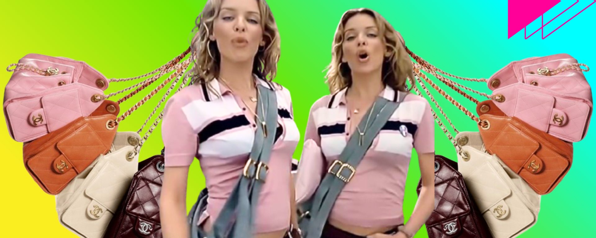 Margot Robbie appears in multiple looping versions of herself within a Chanel campaign, each iteration styled differently while carrying variations of the Chanel 25 handbag, referencing the visual repetition of Kylie Minogue’s “Come Into My World.”