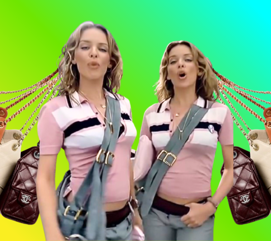 Margot Robbie appears in multiple looping versions of herself within a Chanel campaign, each iteration styled differently while carrying variations of the Chanel 25 handbag, referencing the visual repetition of Kylie Minogue’s “Come Into My World.”