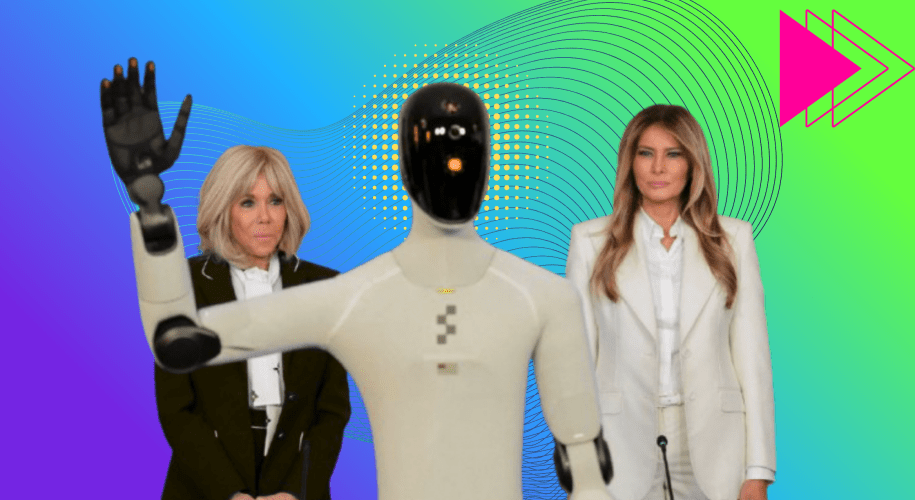 Melania Trump arriving at a White House education summit alongside a humanoid robot, symbolizing the growing role of artificial intelligence in classrooms and raising concerns about the future of human-led education.
