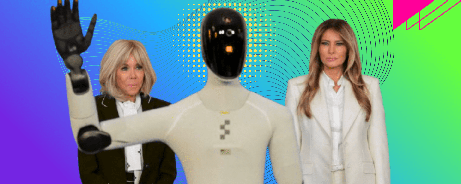Melania Trump arriving at a White House education summit alongside a humanoid robot, symbolizing the growing role of artificial intelligence in classrooms and raising concerns about the future of human-led education.