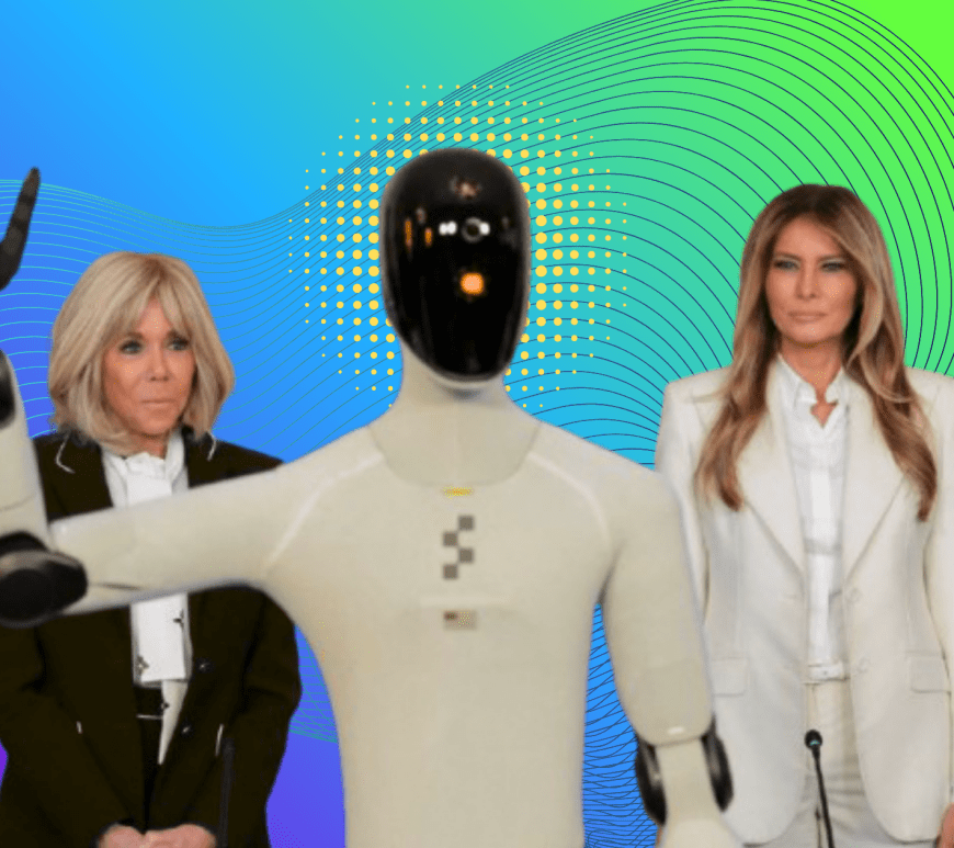 Melania Trump arriving at a White House education summit alongside a humanoid robot, symbolizing the growing role of artificial intelligence in classrooms and raising concerns about the future of human-led education.