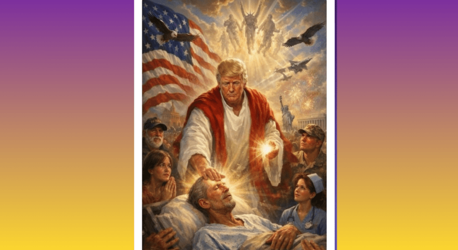 AI-generated image of Donald Trump portrayed in the style of Jesus Christ, with religious visual elements and a dramatic, symbolic composition.