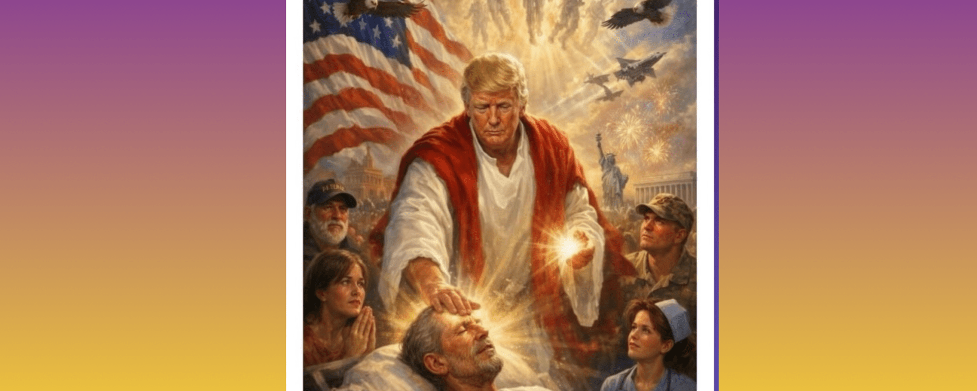 AI-generated image of Donald Trump portrayed in the style of Jesus Christ, with religious visual elements and a dramatic, symbolic composition.