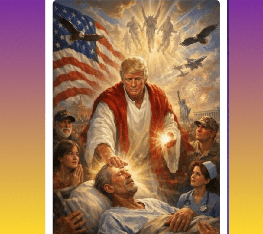 AI-generated image of Donald Trump portrayed in the style of Jesus Christ, with religious visual elements and a dramatic, symbolic composition.