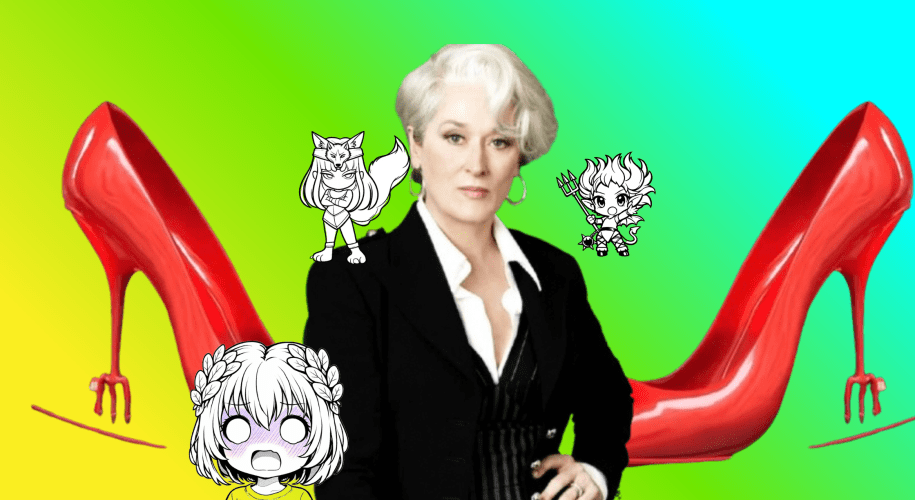 Miranda Priestly inspired figure standing in a luxury office surrounded by fashion magazines and designer items, symbolizing greed and material ambition, while a young woman walks away toward natural light representing freedom and self-discovery.