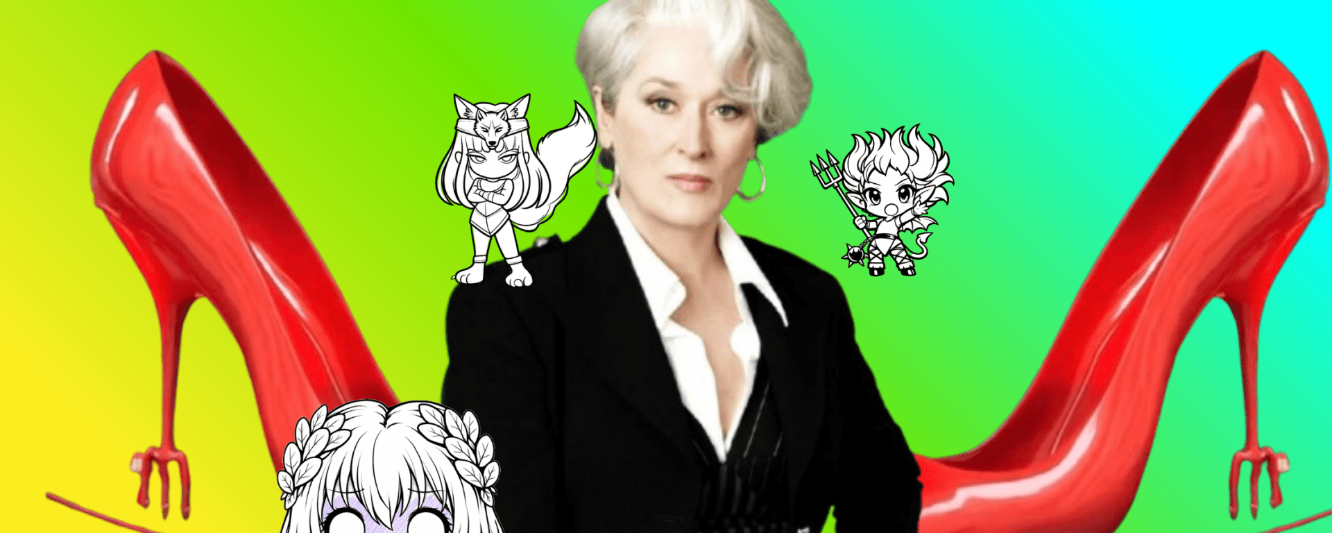 Miranda Priestly inspired figure standing in a luxury office surrounded by fashion magazines and designer items, symbolizing greed and material ambition, while a young woman walks away toward natural light representing freedom and self-discovery.