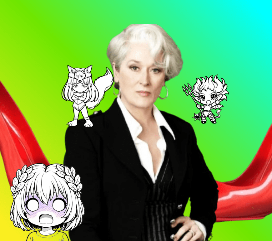 Miranda Priestly inspired figure standing in a luxury office surrounded by fashion magazines and designer items, symbolizing greed and material ambition, while a young woman walks away toward natural light representing freedom and self-discovery.
