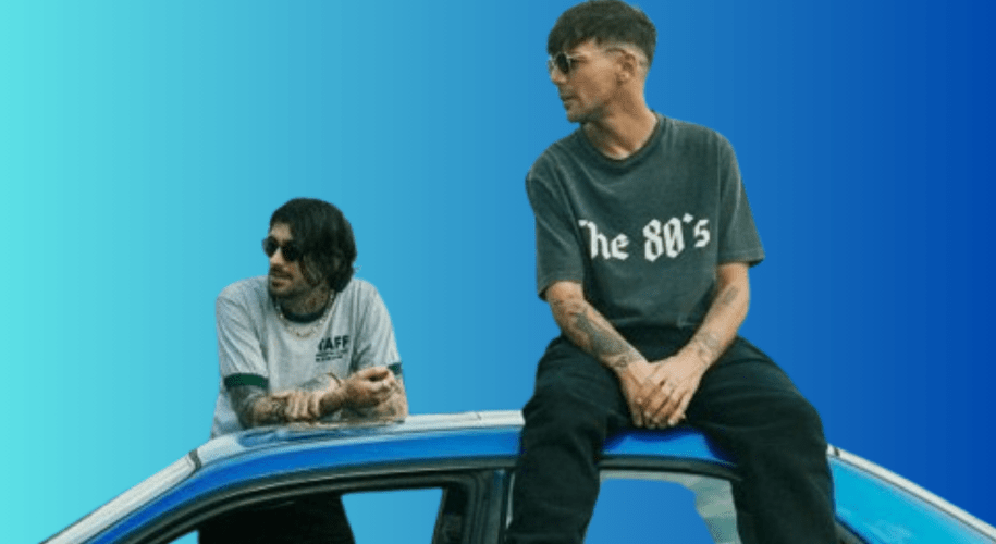 A side-by-side photo of Zayn Malik and Louis Tomlinson looking in opposite directions, with a cracked film reel overlay to symbolize the canceled Netflix project.