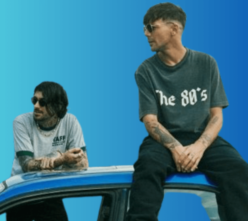 A side-by-side photo of Zayn Malik and Louis Tomlinson looking in opposite directions, with a cracked film reel overlay to symbolize the canceled Netflix project.