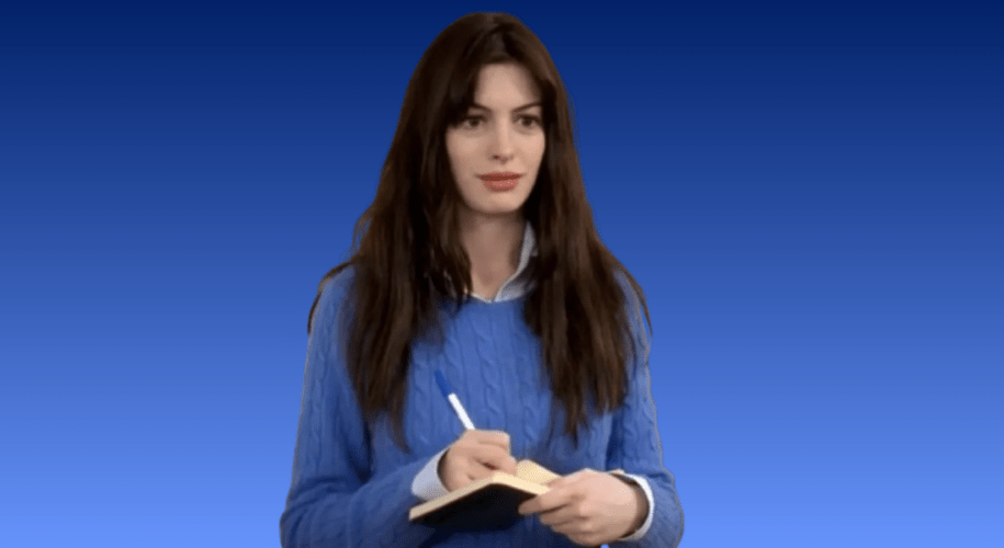 A young woman in a snakeskin mini skirt and glittery turtleneck walks through a busy London street in winter, holding a notebook and stopping passersby for interviews, surrounded by Christmas shoppers and city lights.