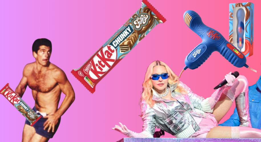 Side-by-side comparison of Madonna riding a mechanical bull in her cowboy outfit from the 'Don't Tell Me' video, and a portrait of JFK Jr., separated by a Kit Kat candy bar.
