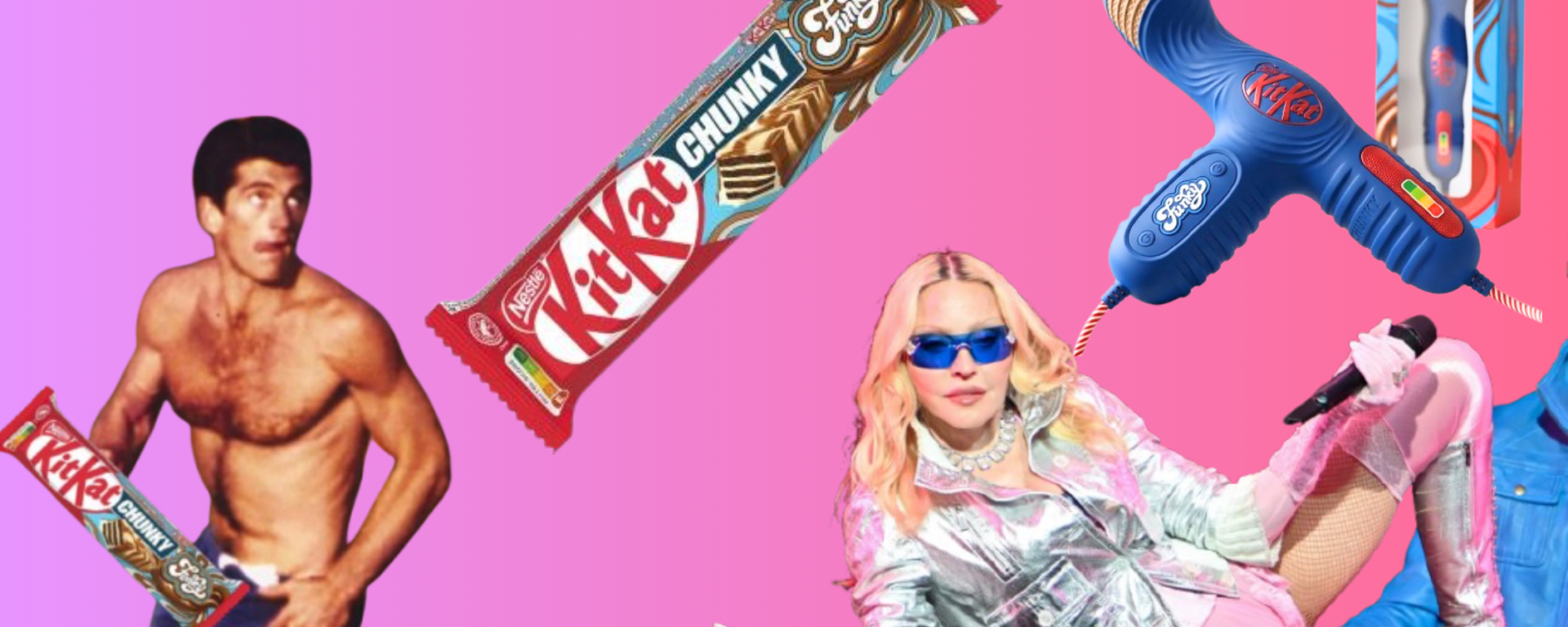 Side-by-side comparison of Madonna riding a mechanical bull in her cowboy outfit from the 'Don't Tell Me' video, and a portrait of JFK Jr., separated by a Kit Kat candy bar.