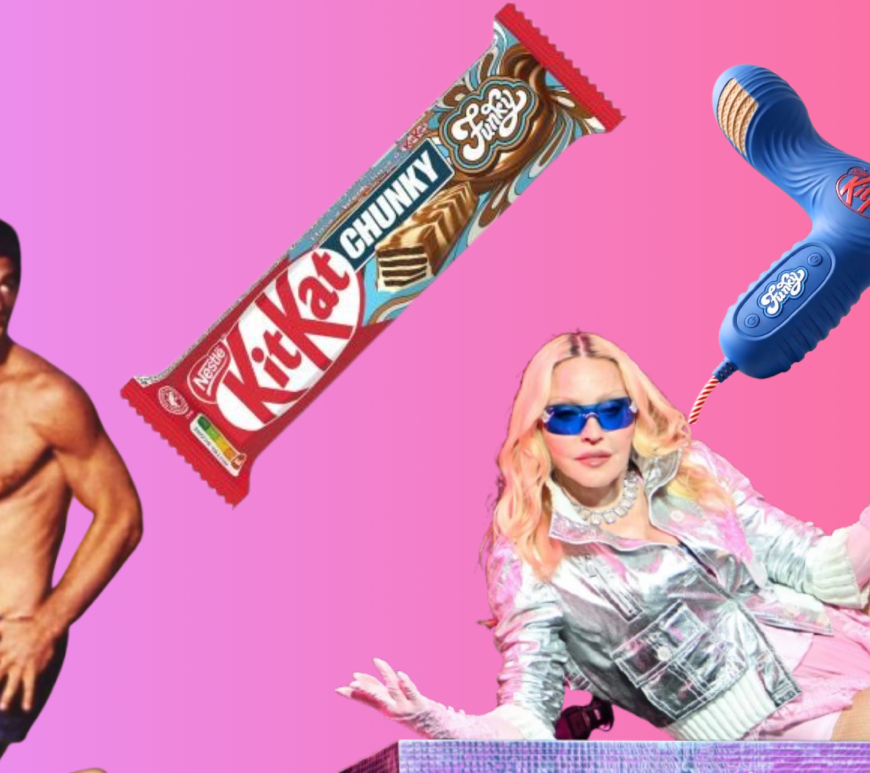 Side-by-side comparison of Madonna riding a mechanical bull in her cowboy outfit from the 'Don't Tell Me' video, and a portrait of JFK Jr., separated by a Kit Kat candy bar.