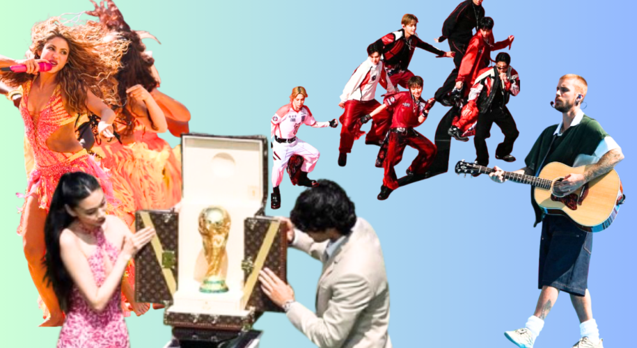 Pop icon Madonna performing live on a customized dune buggy in the center of the pitch during the 2026 World Cup halftime show.