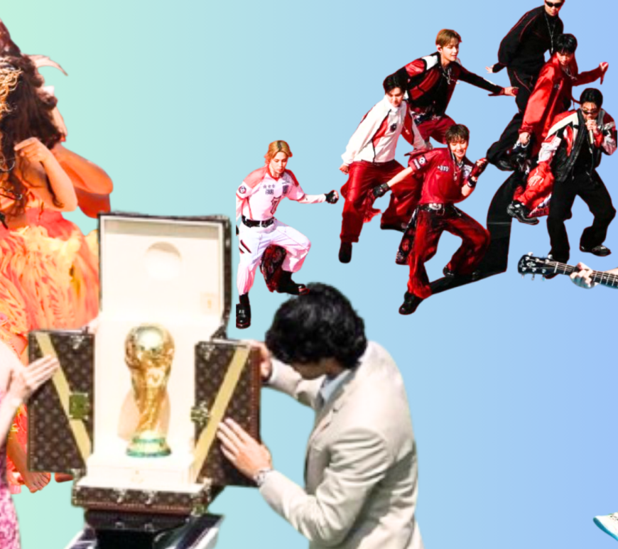 Pop icon Madonna performing live on a customized dune buggy in the center of the pitch during the 2026 World Cup halftime show.