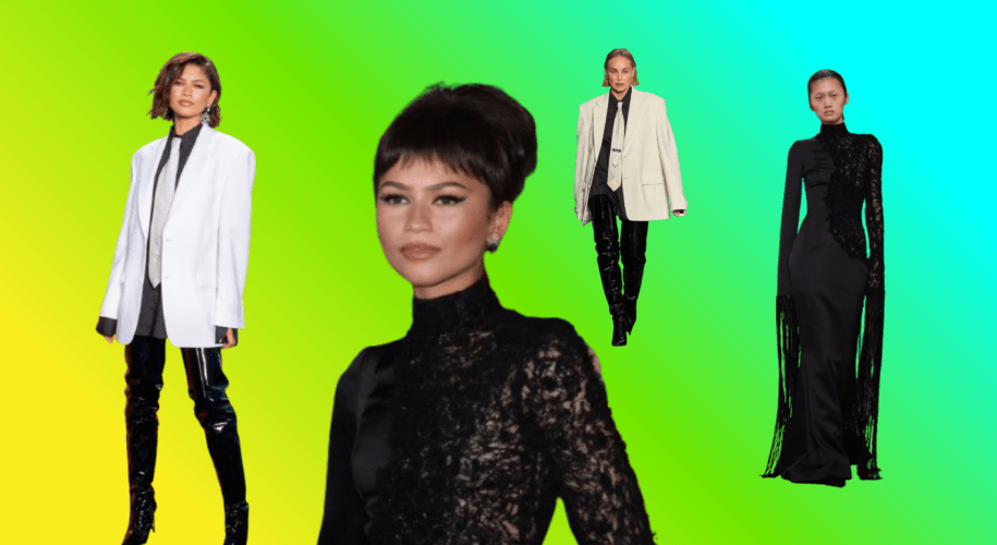 Zendaya wearing a black and white Vetements look inspired by Spider-Man’s symbiote aesthetic in New York City, and a dramatic black Ashi Studio Couture gown with web-like details during the Spider-Man: Brand New Day press tour in Mexico City.