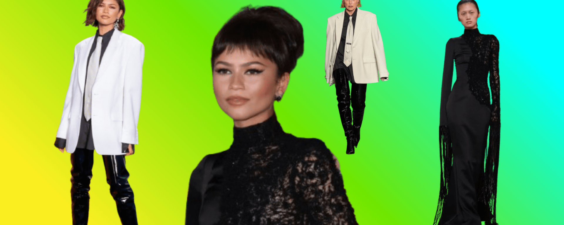 Zendaya wearing a black and white Vetements look inspired by Spider-Man’s symbiote aesthetic in New York City, and a dramatic black Ashi Studio Couture gown with web-like details during the Spider-Man: Brand New Day press tour in Mexico City.