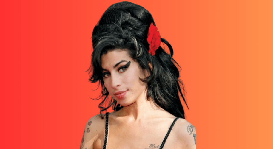 Stylized artwork of Amy Winehouse holding a microphone under a soft spotlight, overlaid with bold, elegant text reading: "Amy Winehouse: The Woman Who Turned Heartbreak Into London's Greatest Love Story."