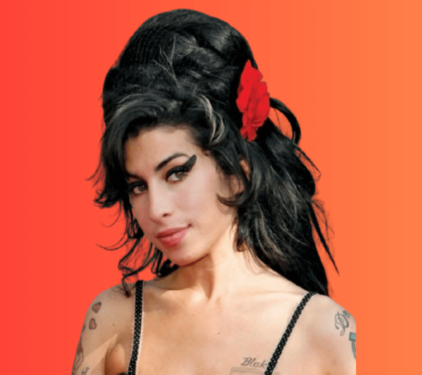 Stylized artwork of Amy Winehouse holding a microphone under a soft spotlight, overlaid with bold, elegant text reading: "Amy Winehouse: The Woman Who Turned Heartbreak Into London's Greatest Love Story."